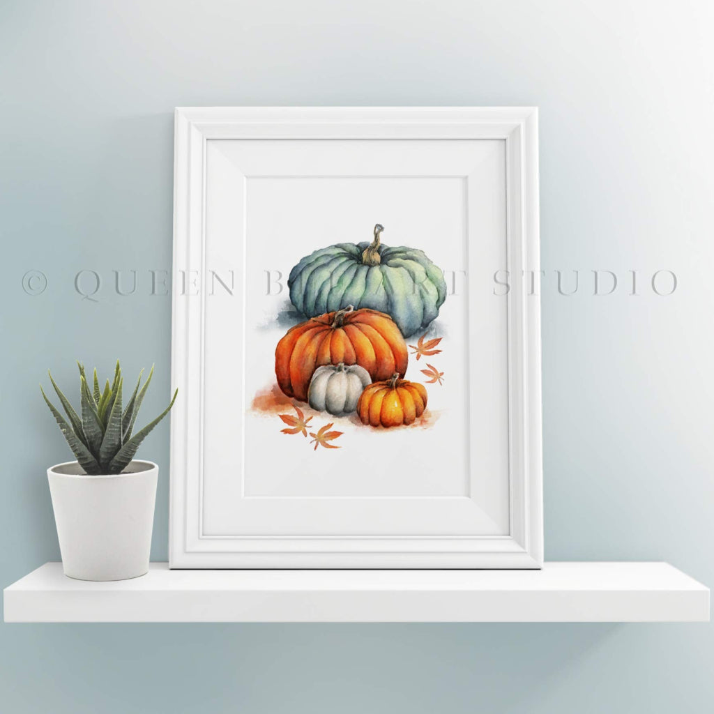 small picture of autumn pumpkins in simple graphic style in white frame on shelf