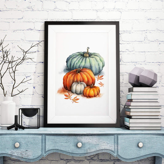 large framed picture of naive style halloween pumpkins in orange and blue in rustic farmhouse room setting