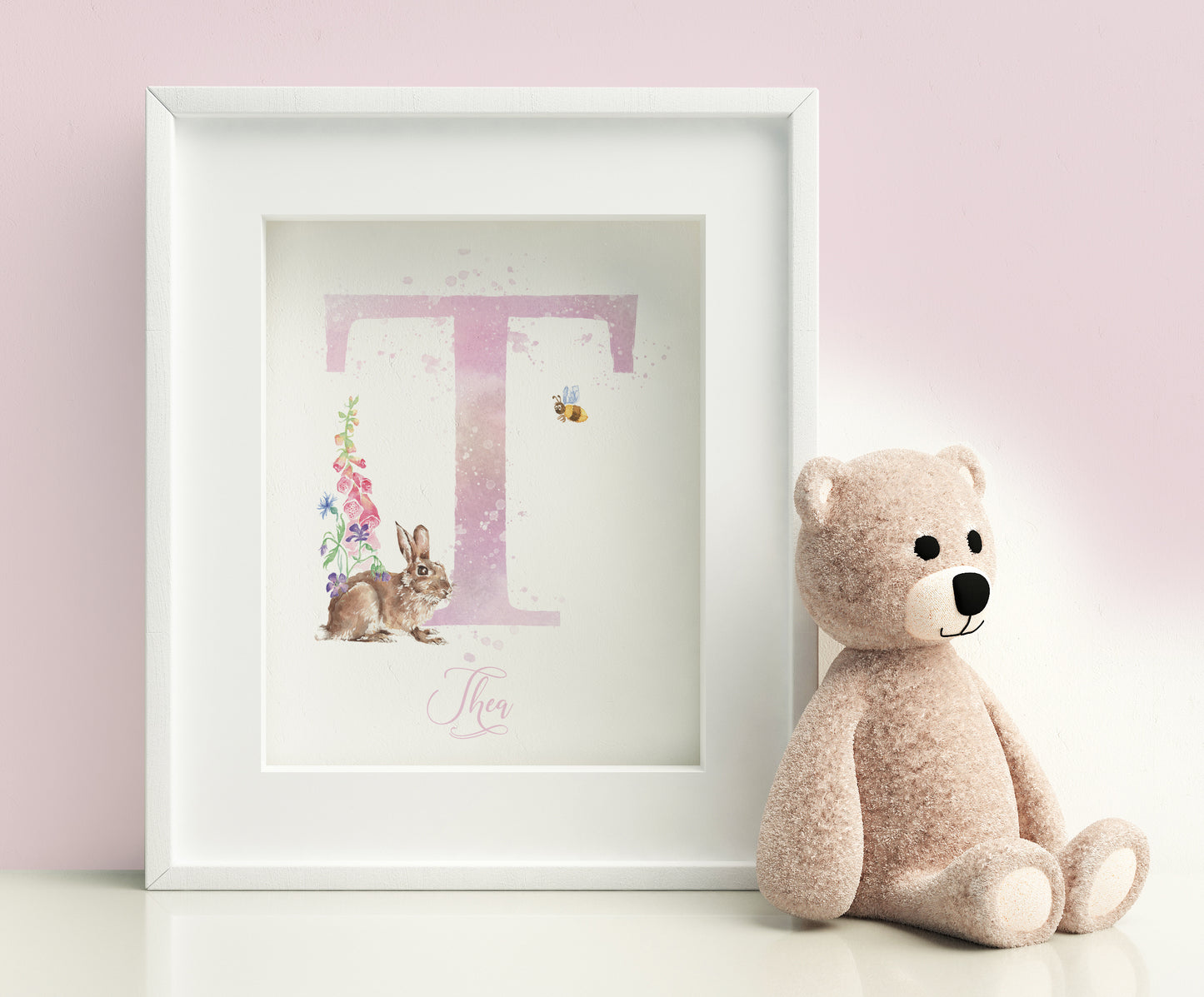 small framed picture with big initial letter, with rabbit in flowers & bumble bee, personalised with girls name in pink