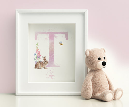 small framed picture with big initial letter, with rabbit in flowers & bumble bee, personalised with girls name in pink