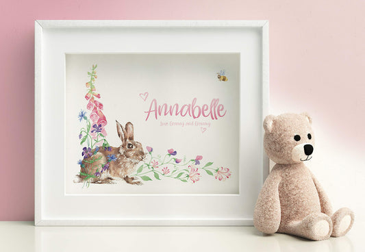 Framed personalised art print for girl with pink woodland flowers and realistic bunny rabbit