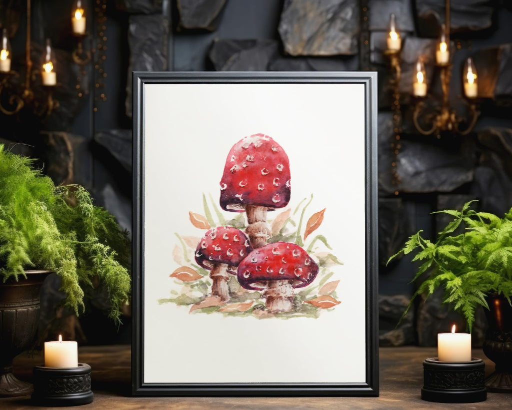 large framed picture of red fly agaric toadstools in gothic room setting for halloween