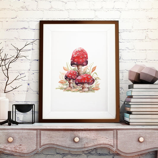 framed watercolour art print with red spotted toadstools in autumn room setting