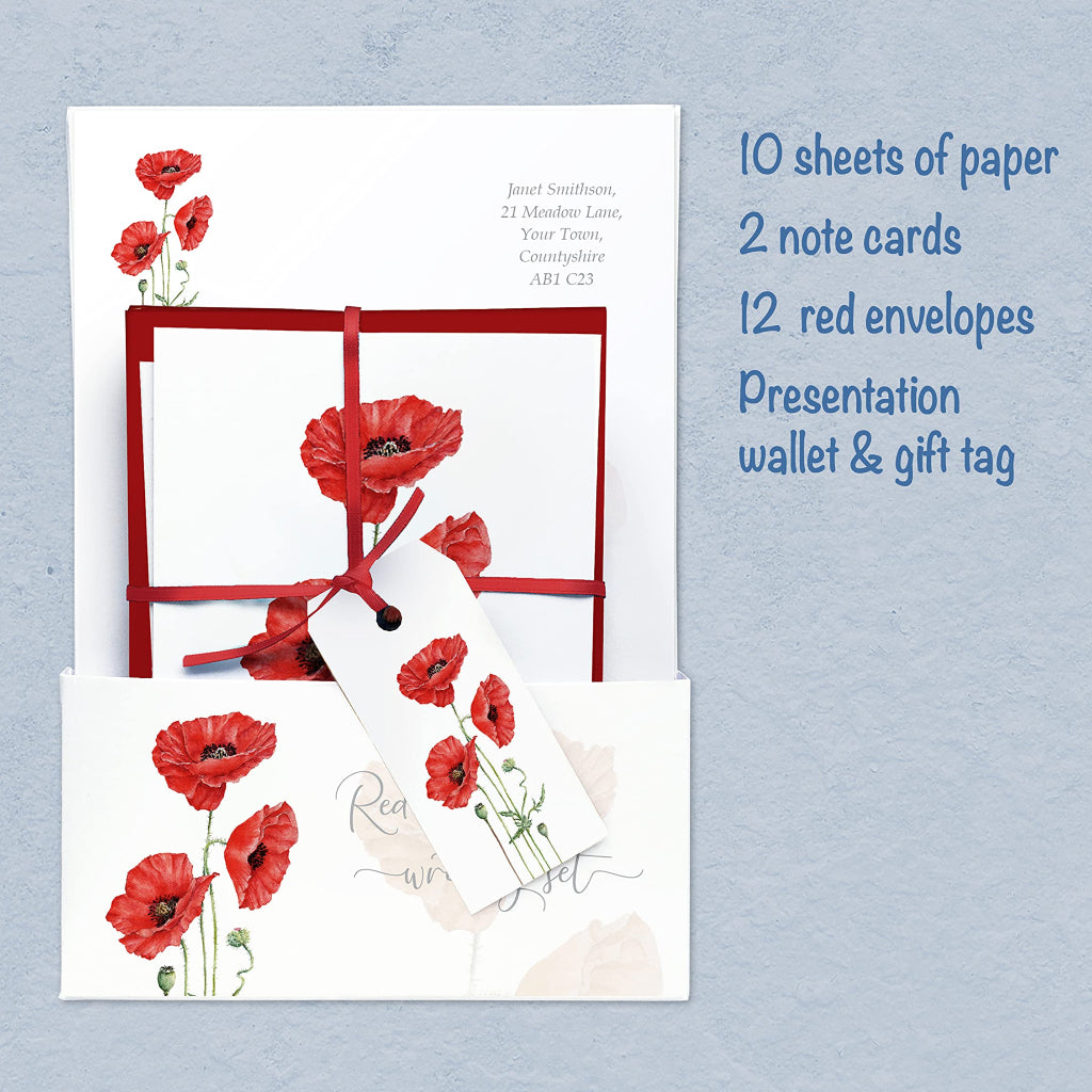 red poppy stationery set with customised paper, poppy greeting cards, red envelopes, tied up in a red ribbon in a presentation wallet with gift tag