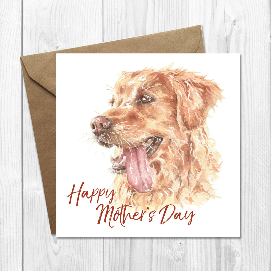 Mother's Day card with a golden retriever illustration and 'Happy Mother's Day' text 