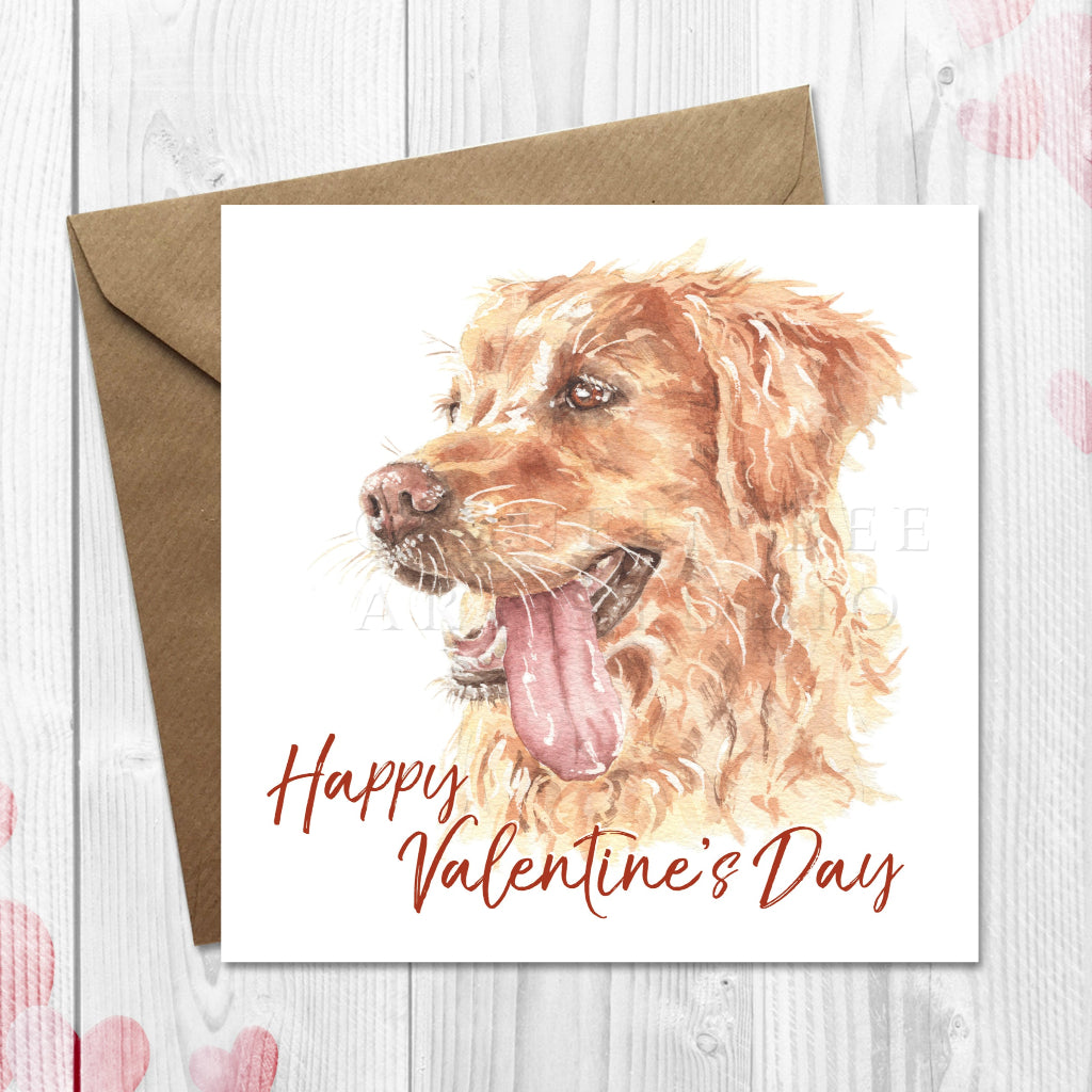 Valentine's Day card with a golden retriever dog illustration and 'Happy Valentine's Day' text on a wooden surface with heart decorations.