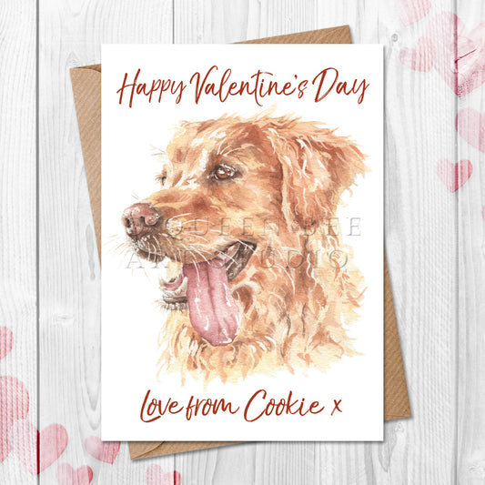 Personalised Valentine's Day card with a golden retriever dog illustration and 'Happy Valentine's Day' text on a wooden surface.