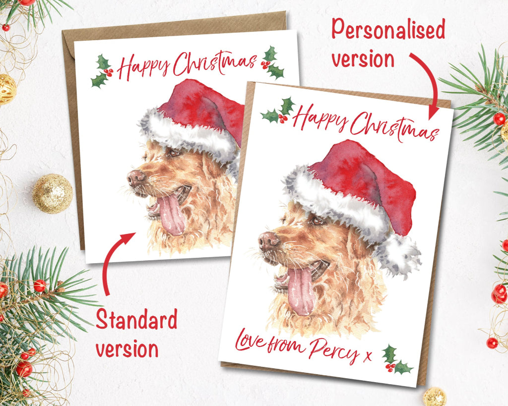 2 happy christmas cards from your pet golden retriever, one is personalised with the dog's name