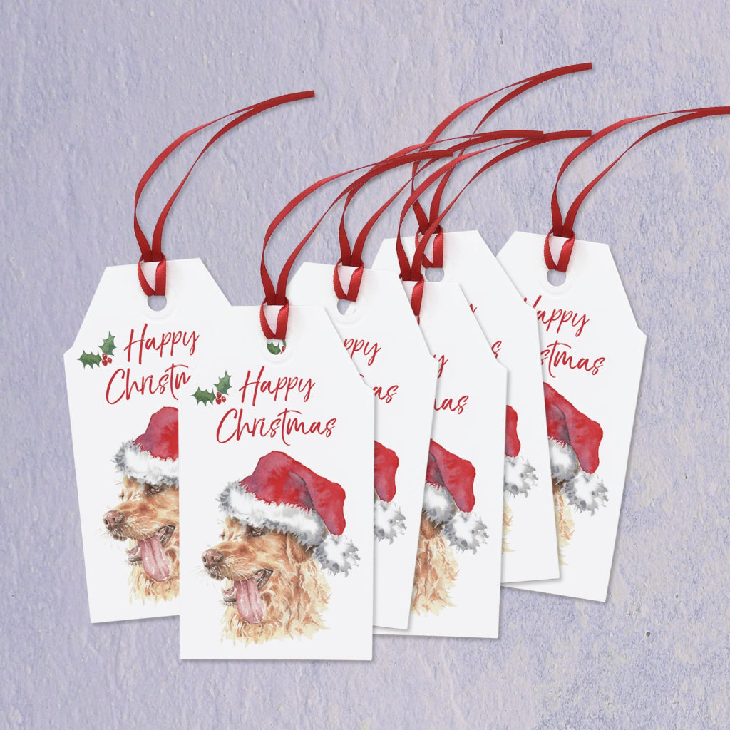 Set of 6 Christmas gift tags with a golden retriever wearing a Santa hat.