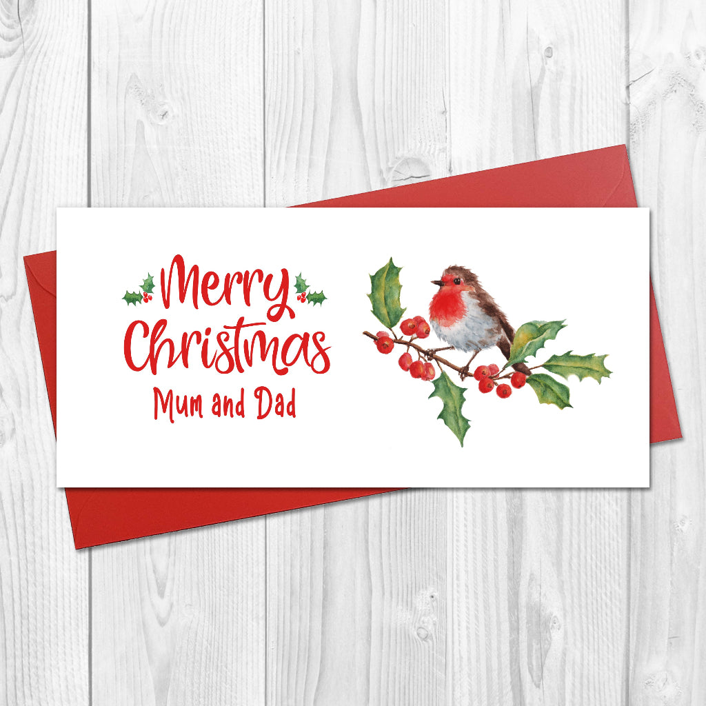Traditional merry Christmas card illustrated with a robin and holly berries, suitable for mum, dad, grandad, grandmother, older relative