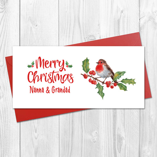 Christmas card with a robin and holly design on a white background, personalised for nan and grandad