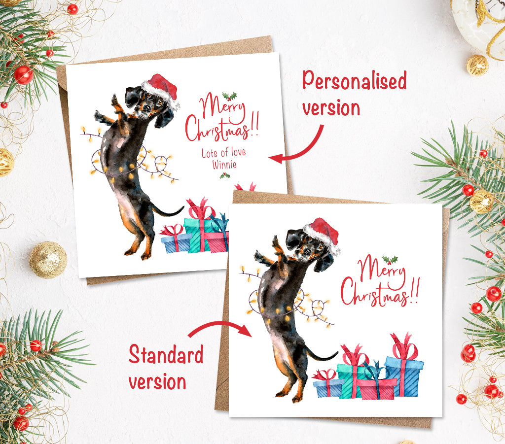 Different custom options for sausage dog merry christmas card - one is personalised from the dog, the other standard
