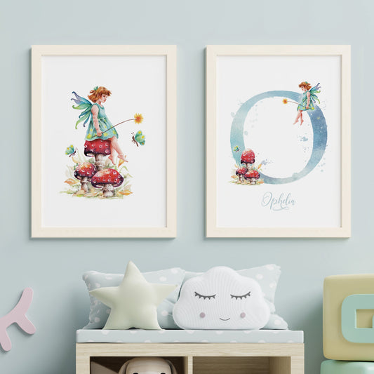set of 2 matching art prints, one with a pretty fairy sitting on red toadstool, the other is personalised initial monogram print with child's name