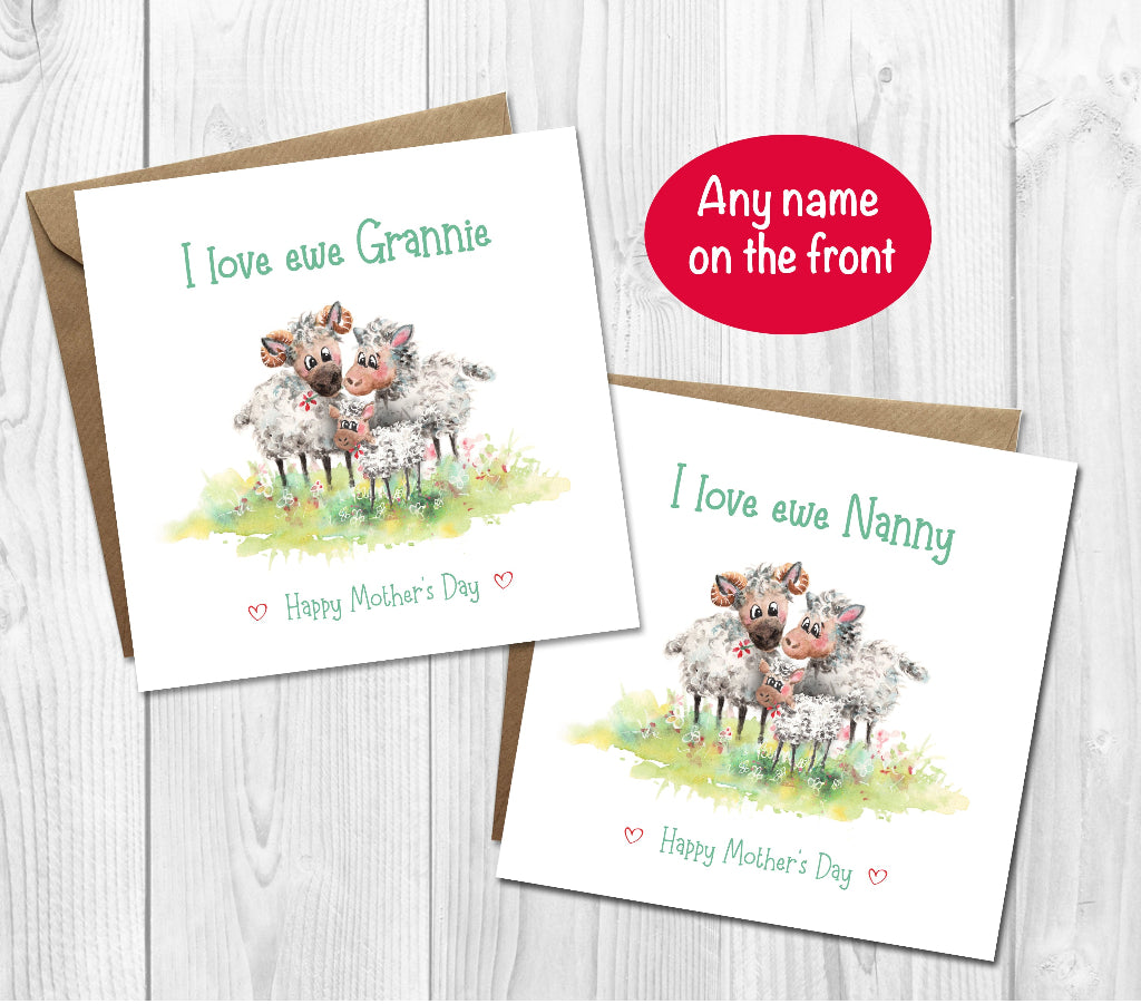 Two cute Mother's Day cards with sheep illustrations and text on a wooden surface. Can have any name on the front such as Grannie or Nanny etc