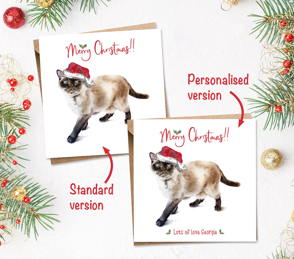 2 Siamese cat christmas cards, one personalised from the cat, and one standard version