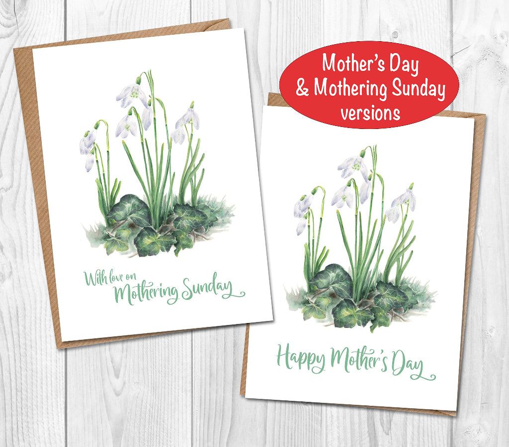 A Mothering Sunday and a Happy Mother's Day card, with pictures of snowdrops on the front
