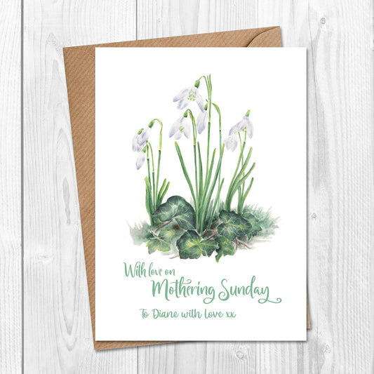 Mothering Sunday card with watercolour painting of snowdrops, personalised with name on the front