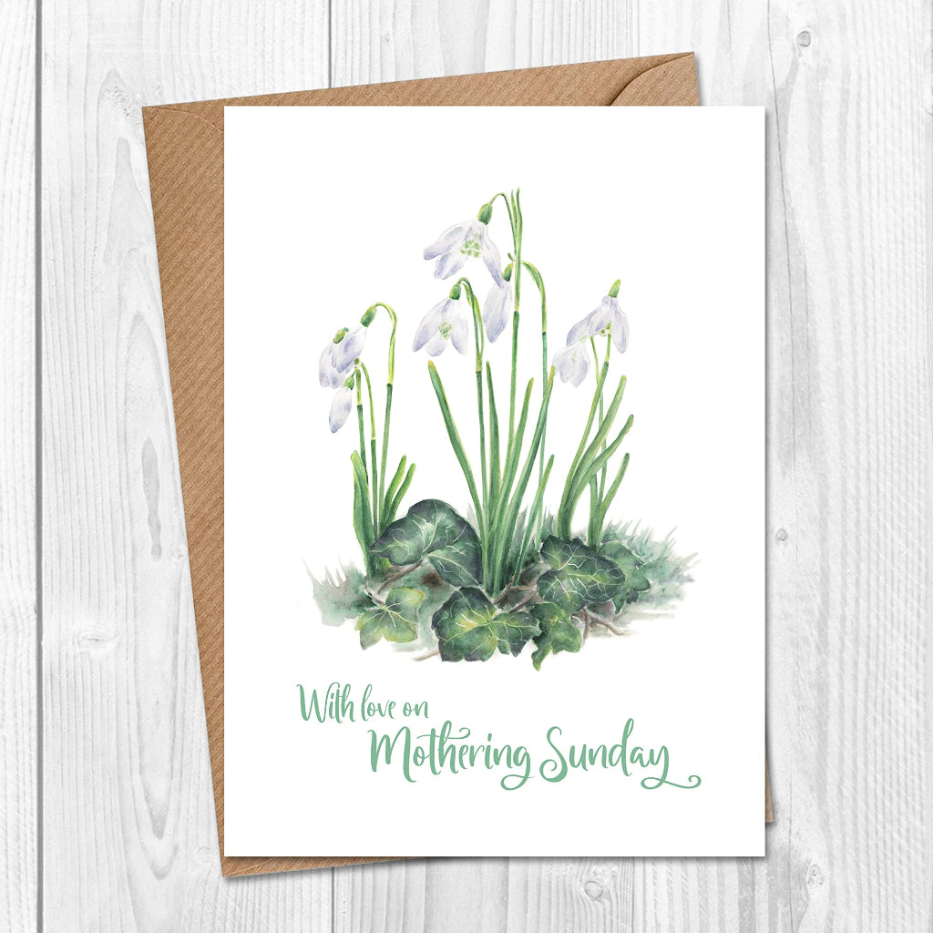A Mothering Sunday card printed with a pretty snowdrop illustration