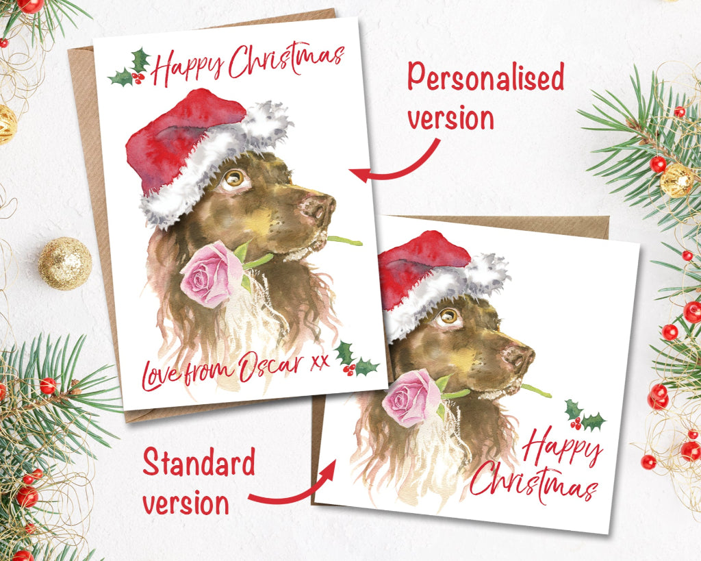 Different versions of the springer spaniel christmas card, one personalised from the dog, and one standard version with no name on the front