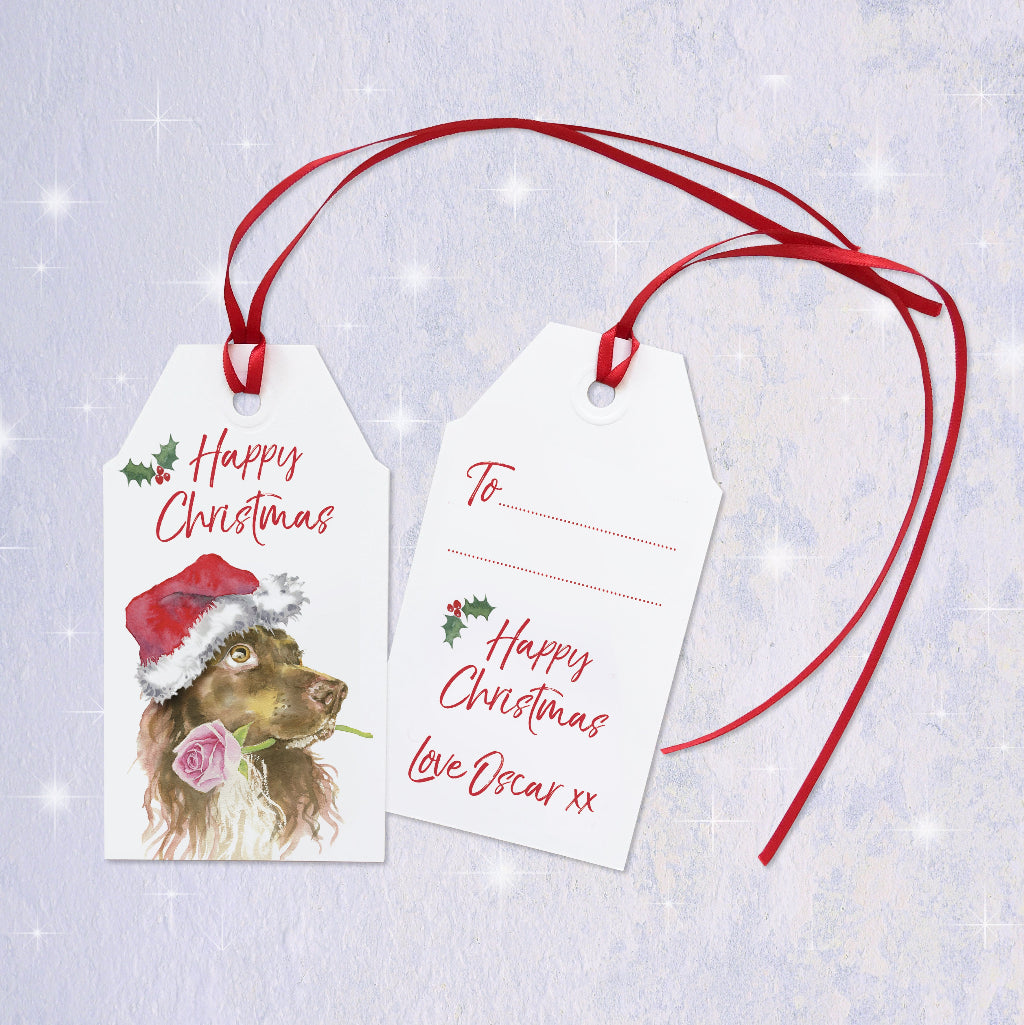 Two Christmas gift tags with a springer spaniel illustration and red ribbon. Shows the reverse personalised with dog's name