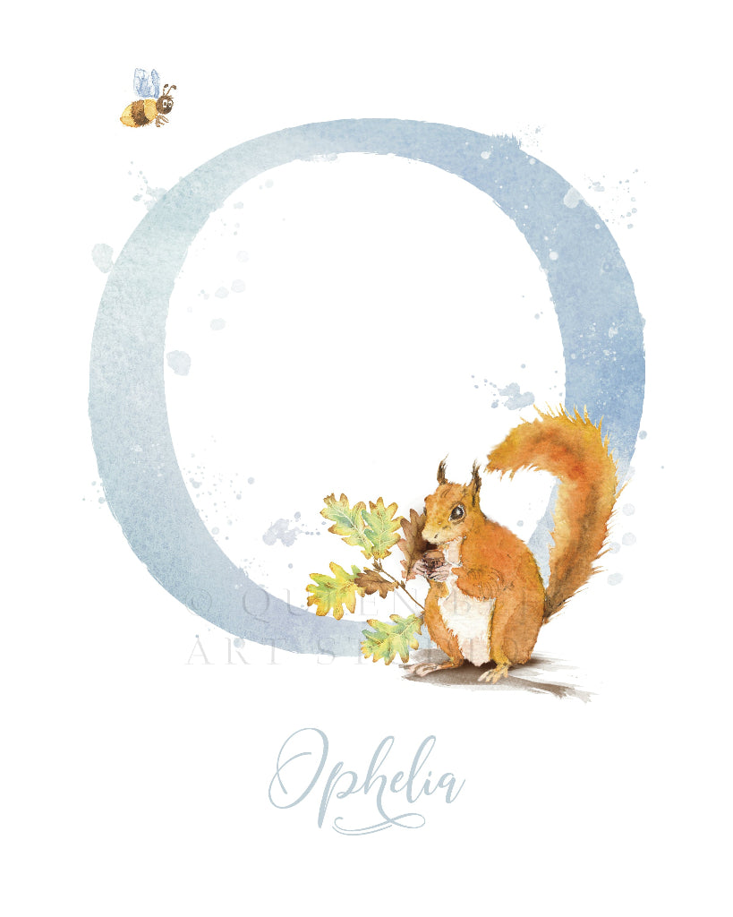 close up of cute squirrel initial print with bumble bee in duck egg blue