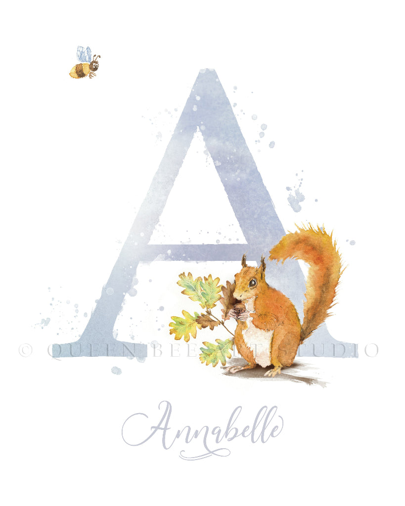 detail of personalised red squirrel initial print in lilac for girls & boys