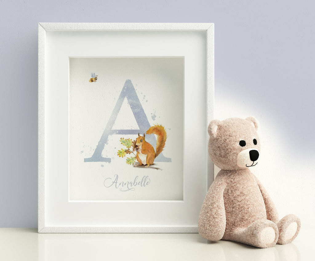 Cute framed picture of red squirrel monogram art print in lilac for baby's room