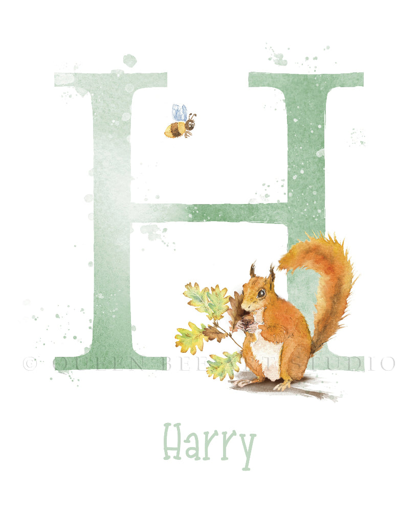 detail of personalised woodland squirrel print with big initial letter and name in shades of green