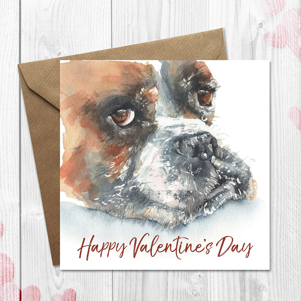 Happy Valentine's Day card with a realistic painting of a boxer dog on the front