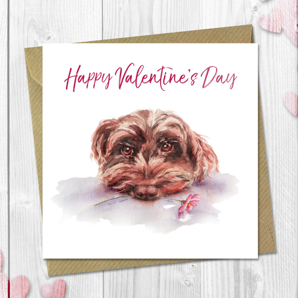Cute Happy Valentines day card with a brown cockerpoo illustration on the front