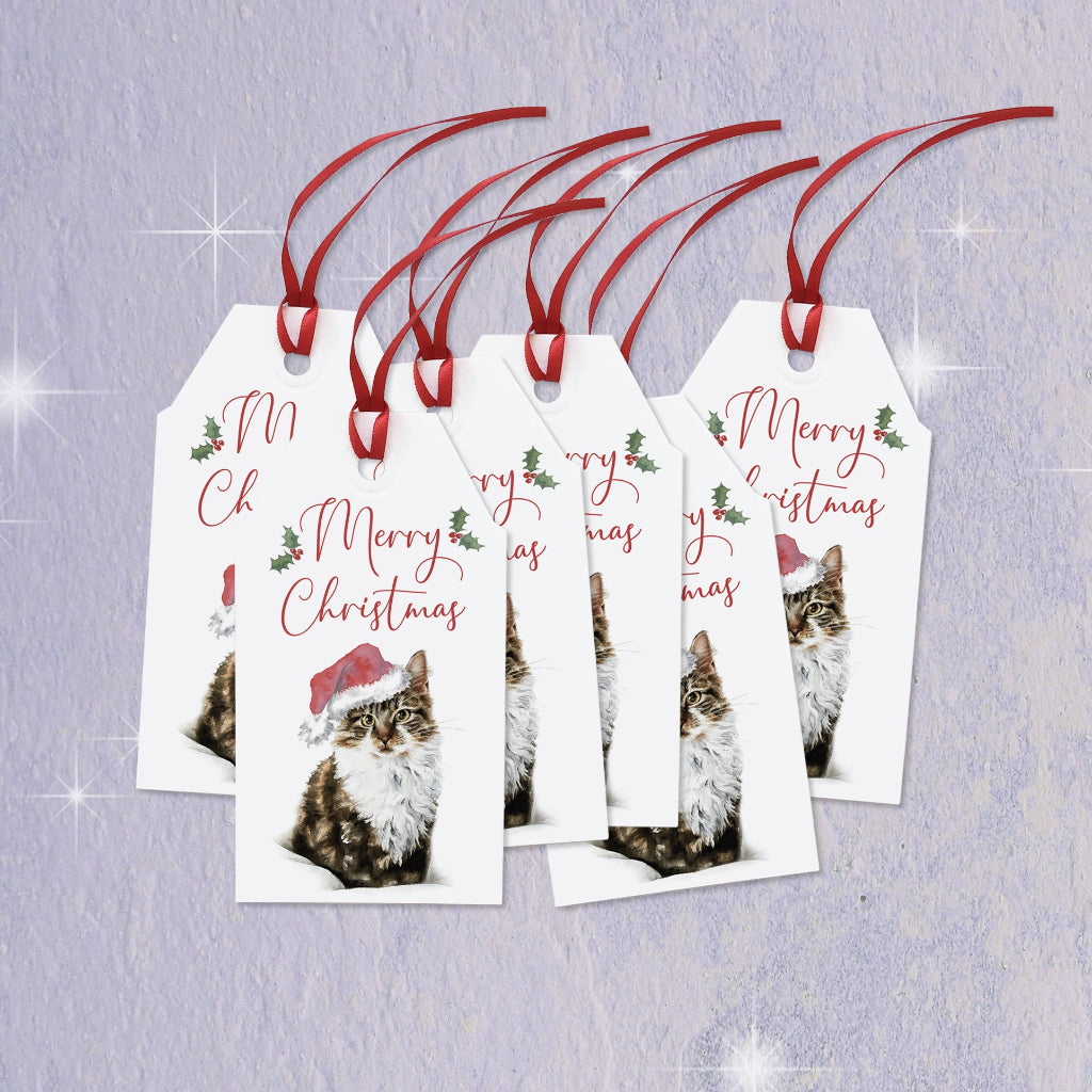 Set of 6 Christmas gift tags with tabby cats wearing Santa hats strung with red ribbon