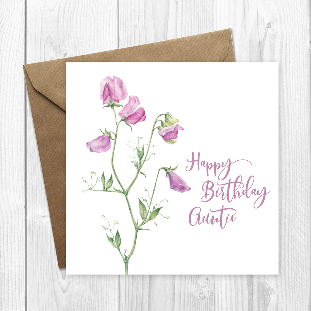 Pink sweet pea birthday card for older woman personalised on front