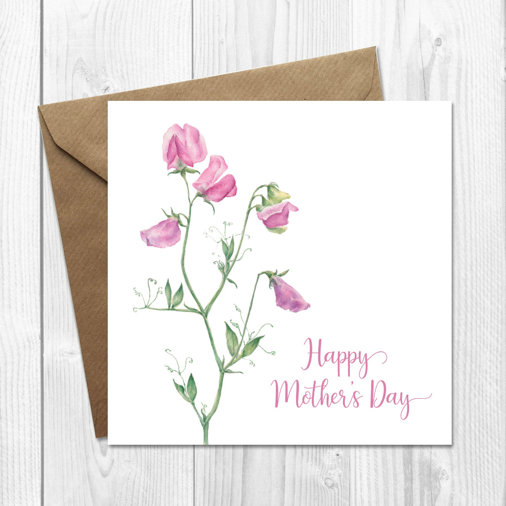 Happy Mother's Day with pink sweet peas on the front