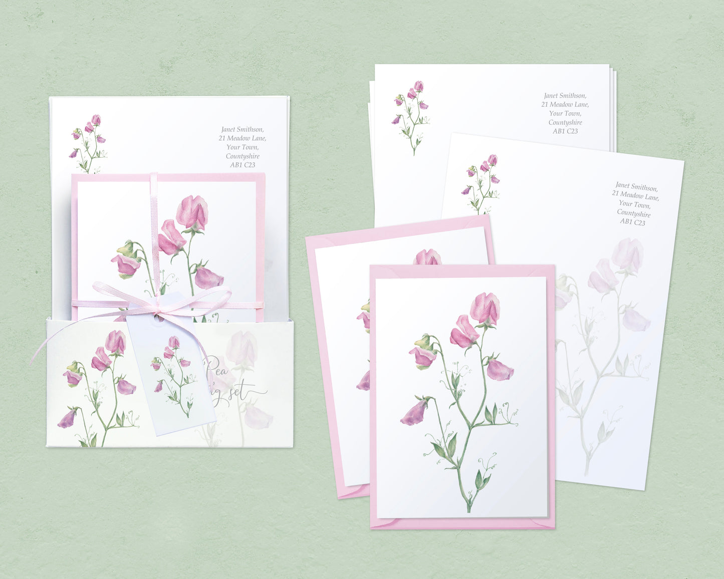 Pink sweet pea stationery gift set with personalised writing paper, cards and pink envelopes