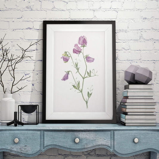 large framed art print of pink sweet peas in a room setting with books and white wall