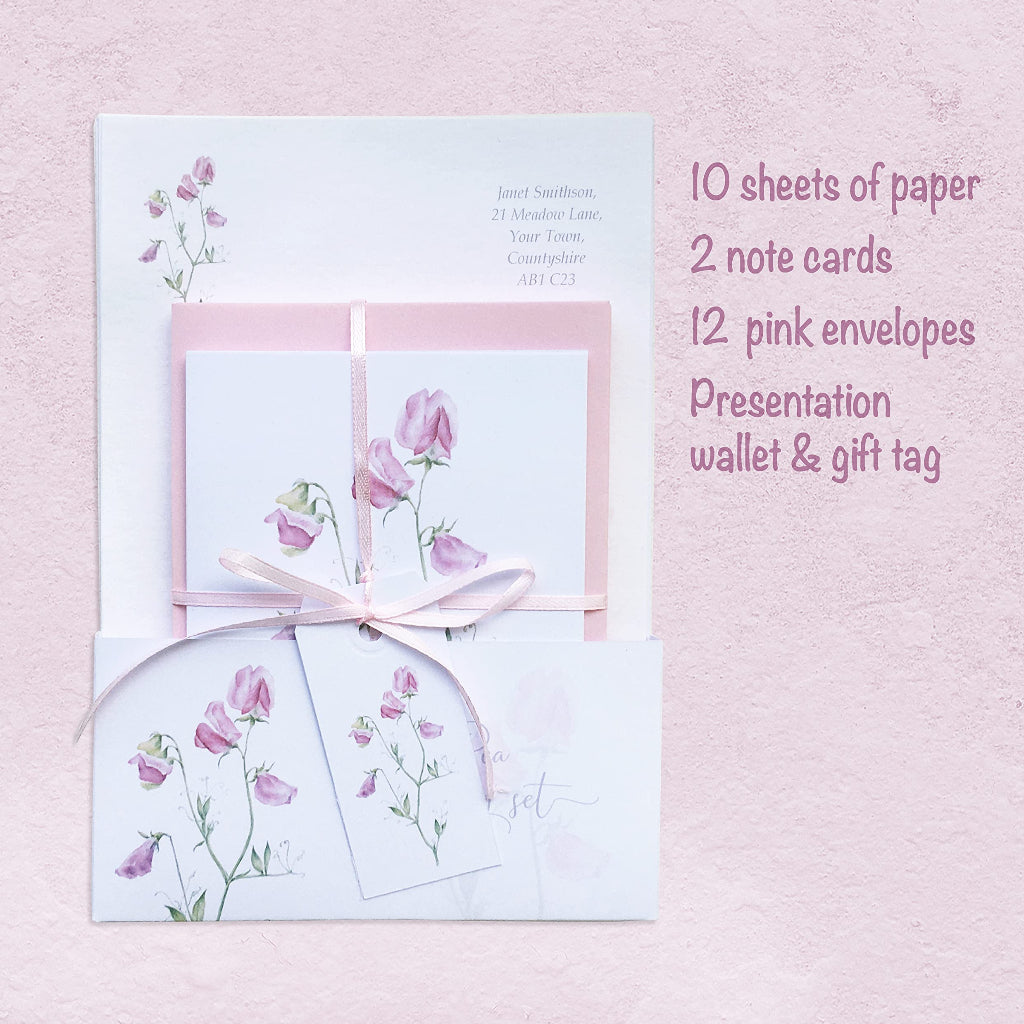 Personalised Sweet pea stationery set with gift wallet, tag and ribbon