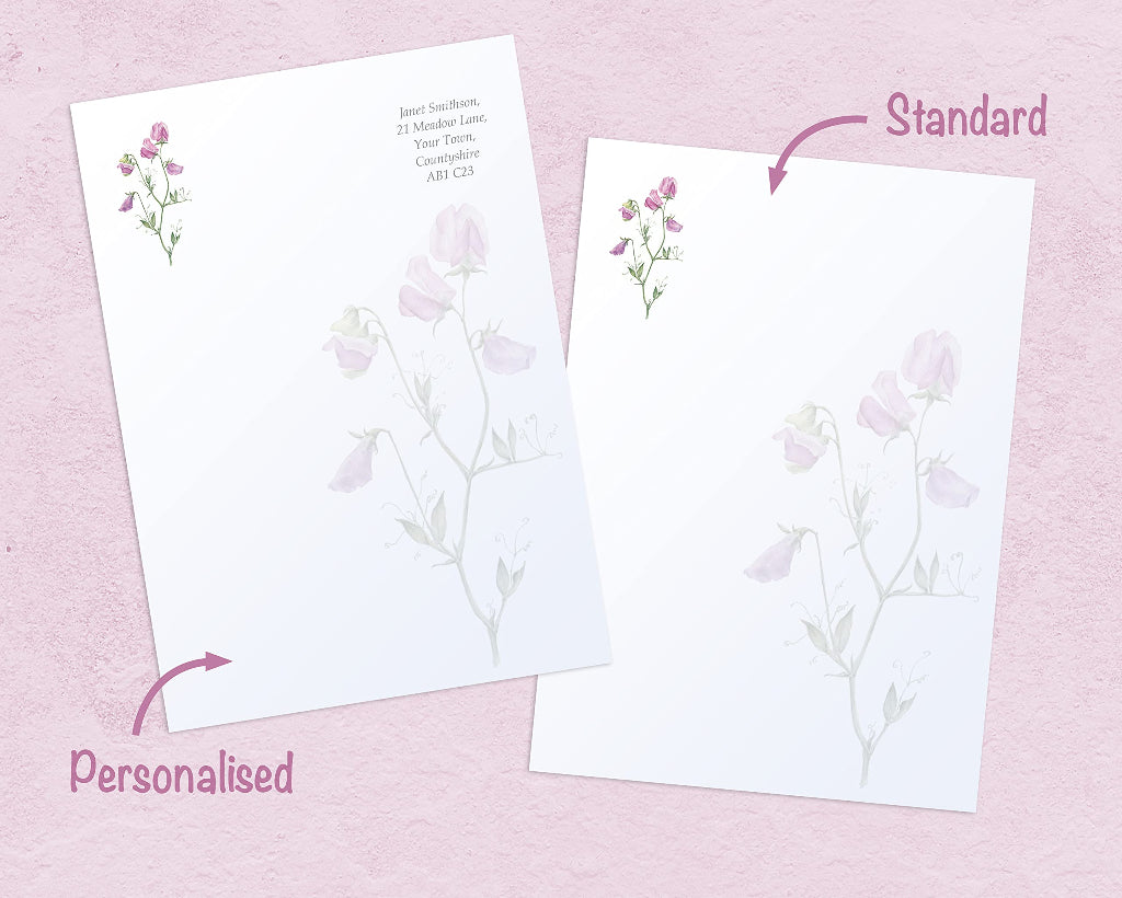Sweet pea writing paper with options for personalised name and address