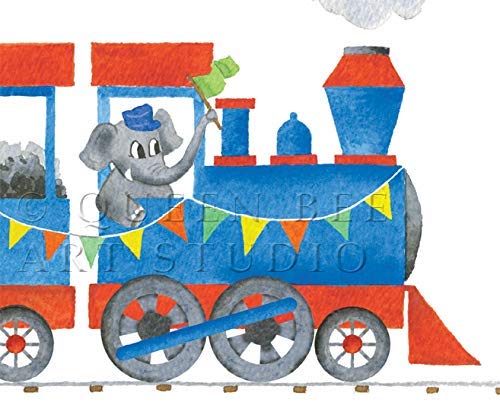 close up of blue train art print with cute elephant engine driver