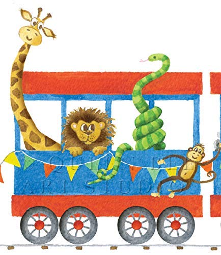 detail of different jungle animals in blue & red coach, with giraffe, lion, snake & monkey