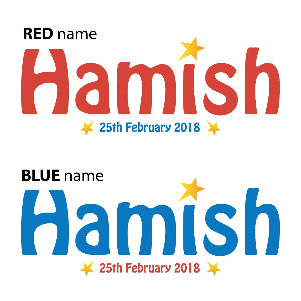 different colour options for boys name and birthday in red and blue