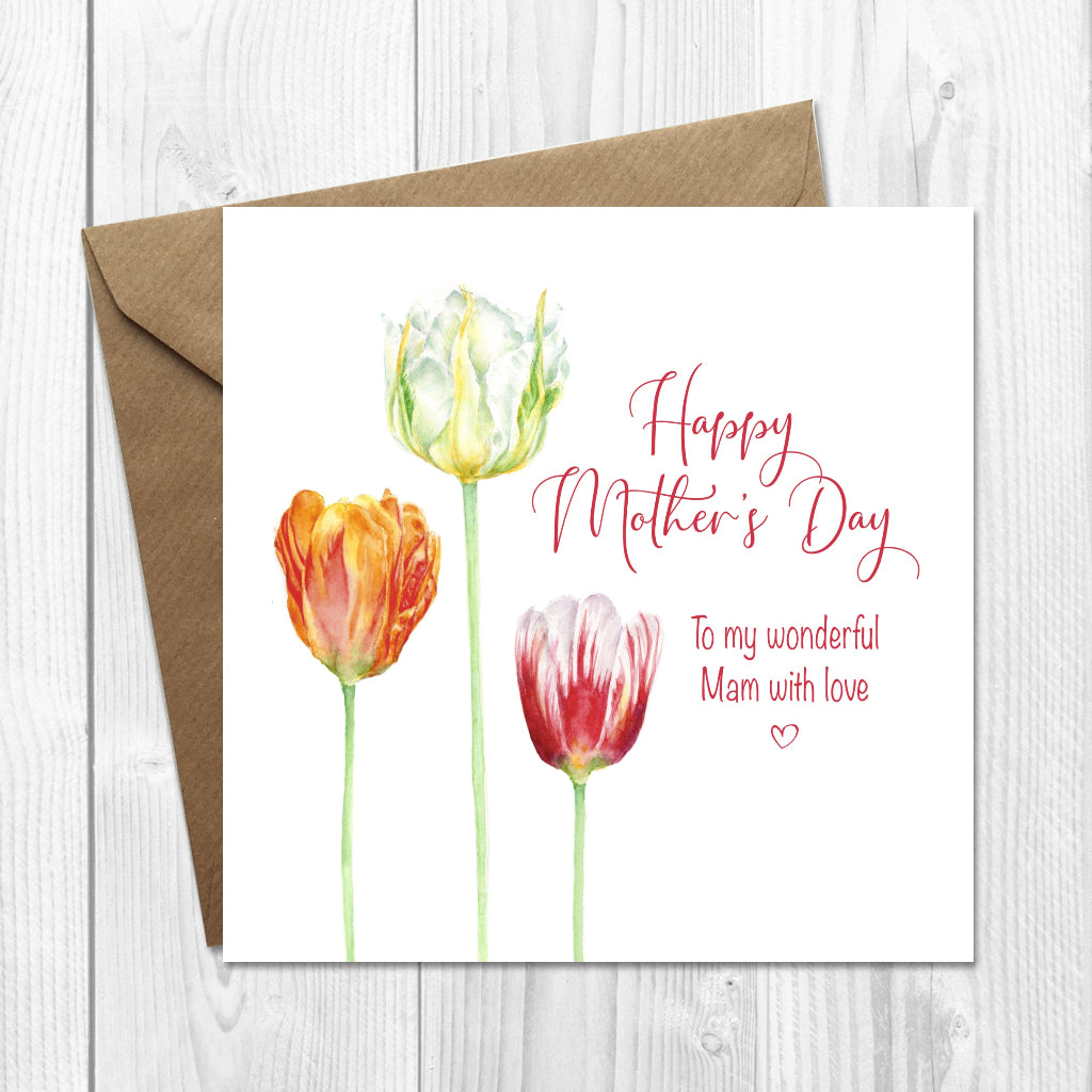 Personalised Mother's Day card to a wonderful Mam with tulips and a brown envelope on a wooden surface
