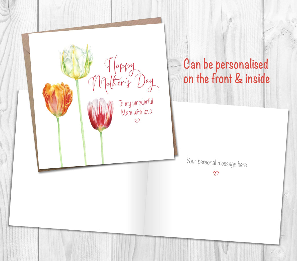 Happy Mother's Day card with tulips on the front, personalised on the front, and printed inside with a custom message