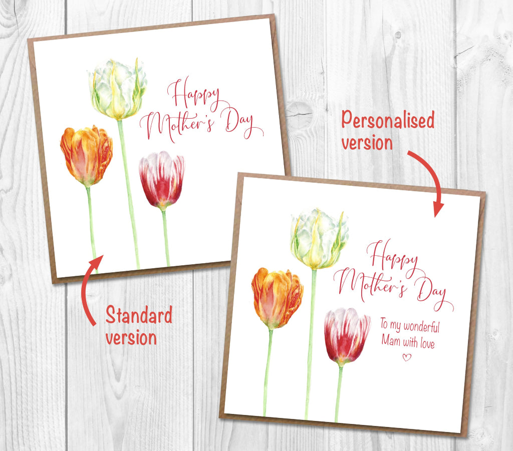 2 Happy Mother's Day cards with illustration of tulips, showing the standard card and personalised card.
