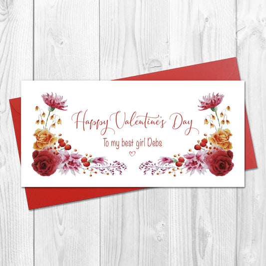  A gift wallet with a red envelope, featuring a printed floral design and a personalized Valentine's Day message.