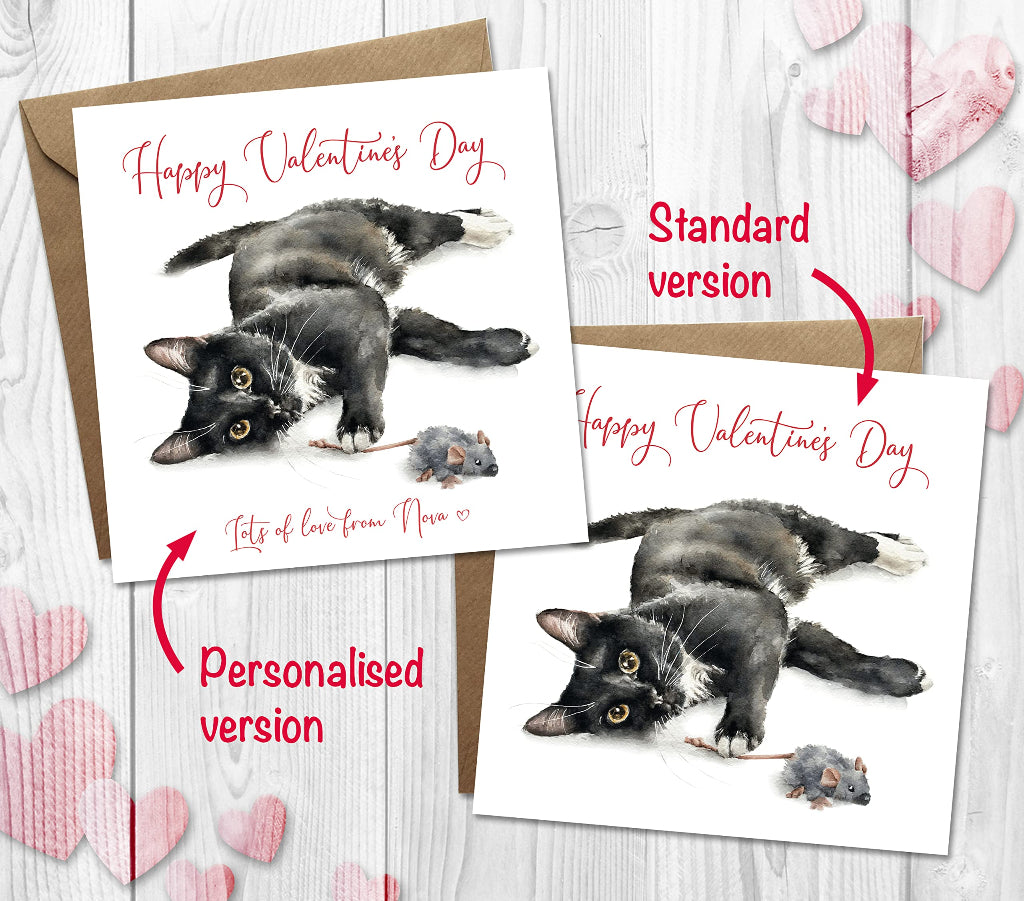 Personalised and standard valentines cards with cat's name, featuring realistic black and white cat on the front
