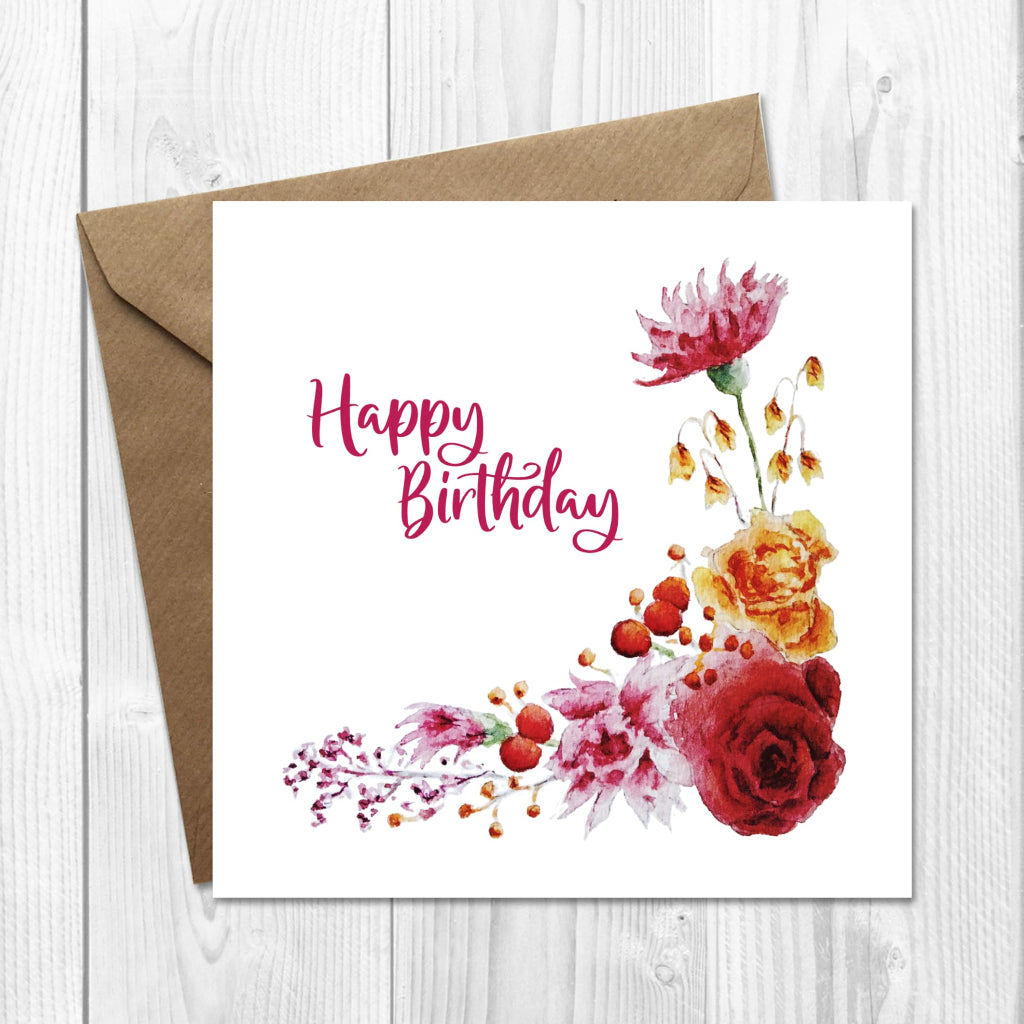 Birthday card with gold red roses and autumn berries
