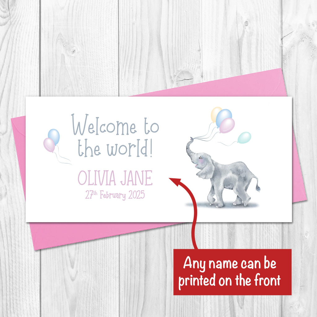 personalised welcome to the world gift money wallet for new baby girl with pink envelope
