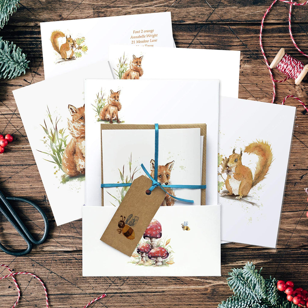 Woodland animal stationery set with presentation pack, ribbon and gift tag, for Christmas or birthday presents