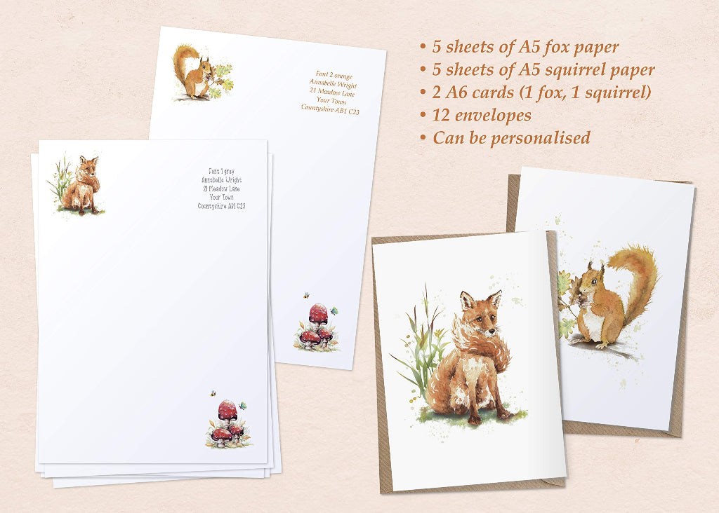 Personalised writing paper with 2 different designs of fox and squirrel, with matching notelets