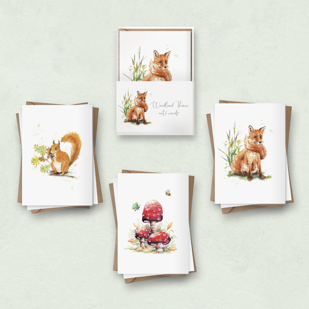 set of 6 cute woodland theme notelets in a presentation gift pack, with cute red fox, squirrel and a fairy toadstool on the cards